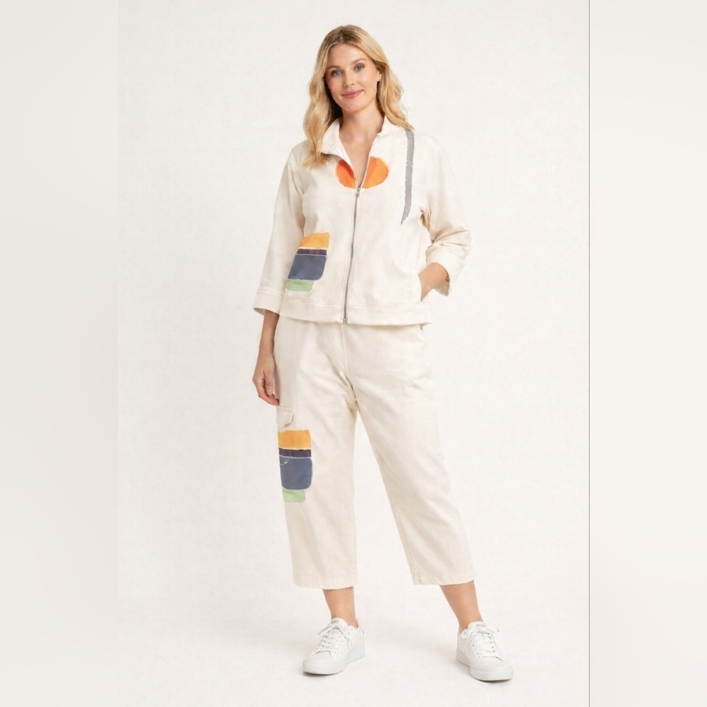 Barbara Lesser Basha 2-Piece Artwear Athleisure Set XL 14/16 Cream Zip Jacket